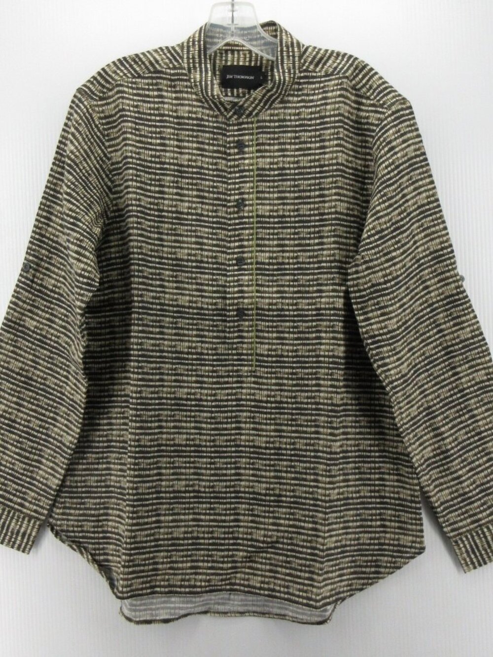 Jim Thompson Shirt Large Linen Popover Henley Pullover Band Collar